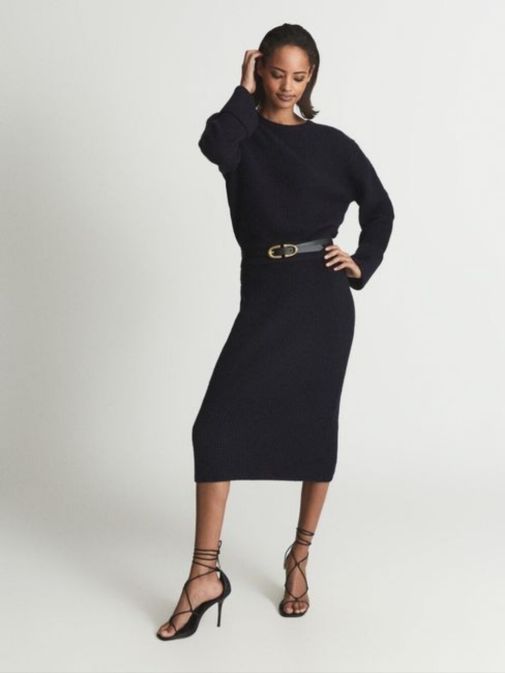 Reiss Jodie Midi Sweater Dress Navy Blue Wool Cashmere Chunky Knit Slouchy Sz S